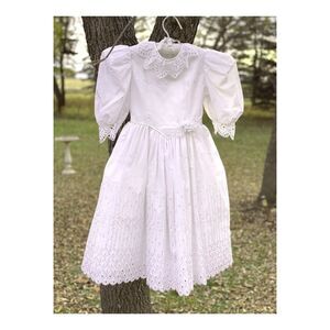 Vintage 80s White Formal Dress Fit & Flare Puff Sleeve Eyelet Lace Sz 5 Communio